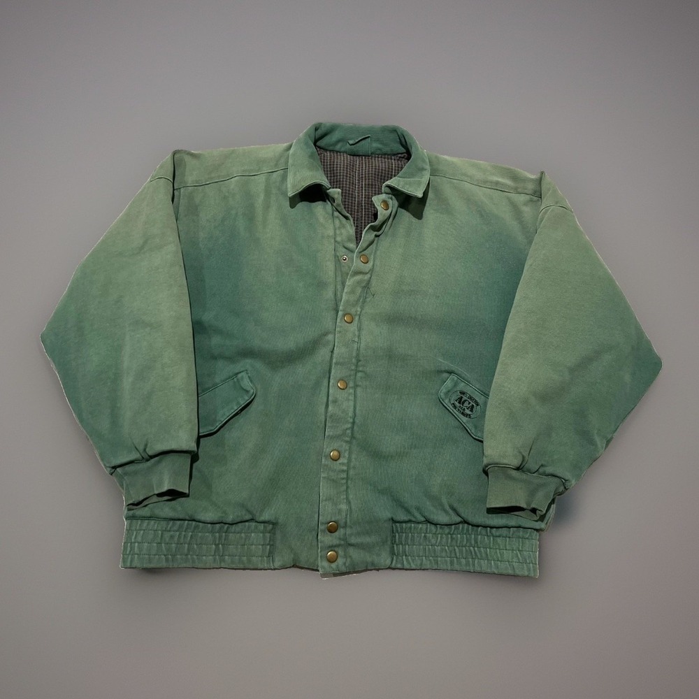 Vintage ACA Mens Green Sun Faded 100% Cotton Two Ply Tight Knit Bomber Jacket
